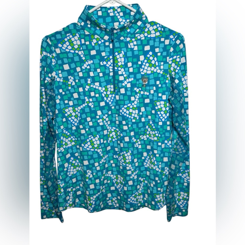 IBKUL‎ Womens Blue Green Mosaic UPF 50+ Sun Shirt Quarter Zip Pullover Small